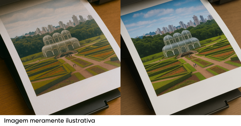 Comparação lado a lado de duas impressões da estufa do Jardim Botânico de Curitiba, mostrando diferenças de qualidade de impressão. À esquerda, a imagem está com cores mais apagadas e aspecto escurecido. À direita, a imagem tem cores mais vivas e nítidas. Ambas estão sobre uma mesa de madeira. Abaixo, lê-se "Imagem meramente ilustrativa"