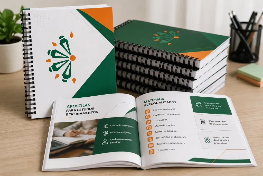 Impressão de Apostilas em Curitiba A impressão de apostilas em Curitiba atende estudantes, professores, profissionais, empresas, escolas, cursos e instituições de ensino que precisam transformar arquivos digitais em materiais impressos. As apostilas podem ser produzidas em preto e branco ou coloridas, de acordo com o conteúdo e a necessidade do projeto. Também é possível escolher diferentes formas de encadernação para facilitar o manuseio e aumentar a durabilidade do material. É possível imprimir: Apostilas escolares; Apostilas para cursos; Materiais para aulas; Conteúdos para treinamentos; Material didático; Apostilas para concursos; Manuais e guias; Trabalhos e materiais acadêmicos; Conteúdos profissionais.